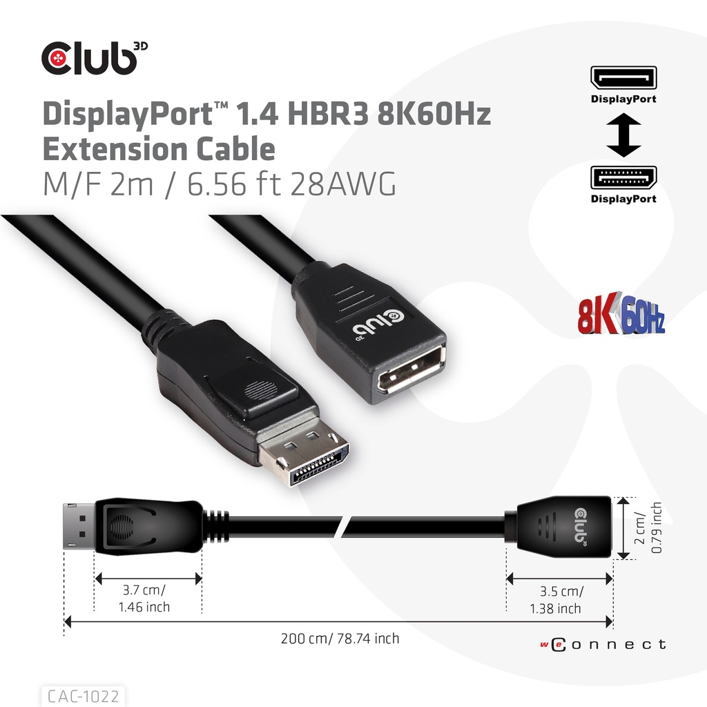 DisplayPort™ 1.4 HBR3 8K60Hz or 4K144Hz Extension Cable M/F 2m / 6.56 ft 28AW