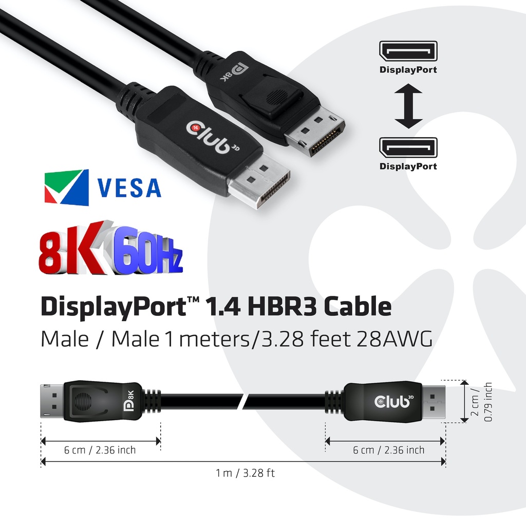 DisplayPort™ 1.4 HBR3 Cable Male/Male 1m/3.28ft 28AWG