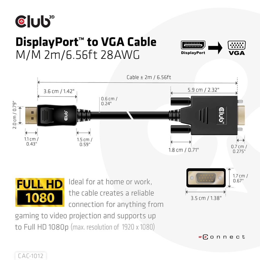 DisplayPort™ to VGA Cable M/M 2m/6.56ft 28AWG