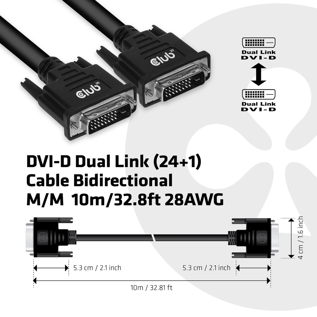 DVI-D Dual Link (24+1) Cable Bidirectional M/M 10m/32.8ft 28AWG