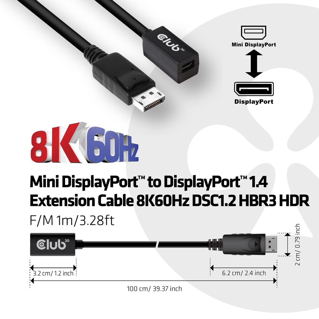 Mini DisplayPort™ 1.4 to DisplayPort™ Extension Cable 8K60Hz DSC 1.2 HBR3 HDR Bidirectional F/M 1m/3.28ft