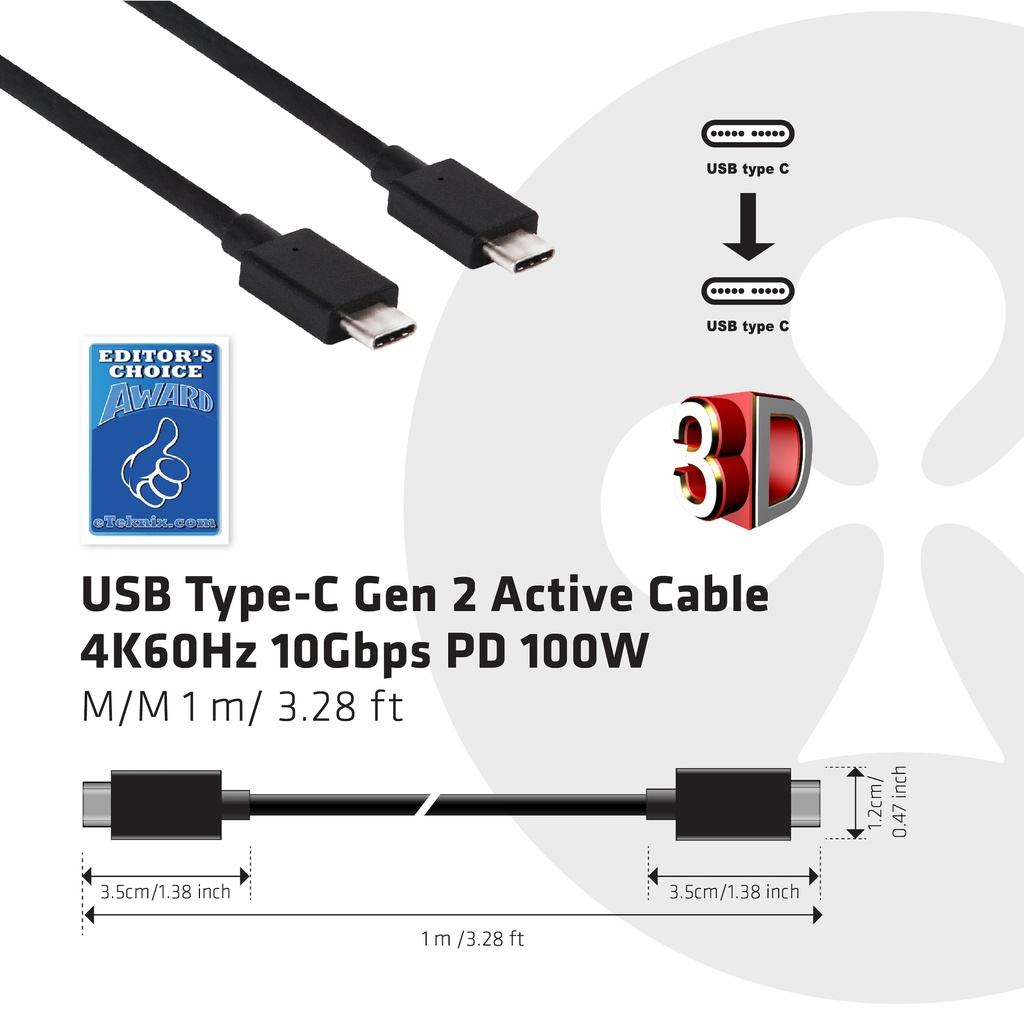 USB-C® 5Gbps Active Cable 4K60Hz 10Gbps PD 100W M/M 1 m/ 3.28 ft