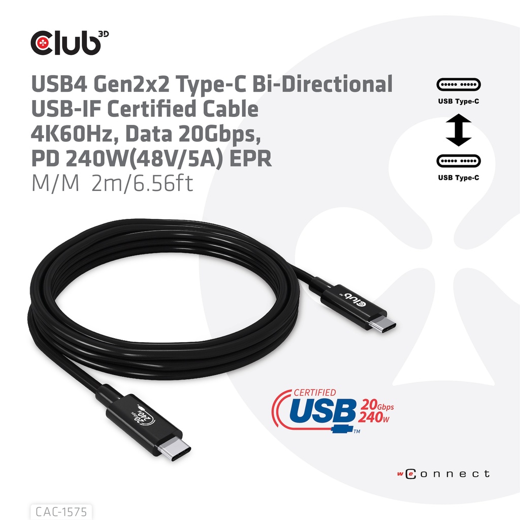 USB-C® 20Gbps USB-IF Certified Cable 4K60Hz, PD 240W(48V/5A) EPR M/M 2m/6.56ft