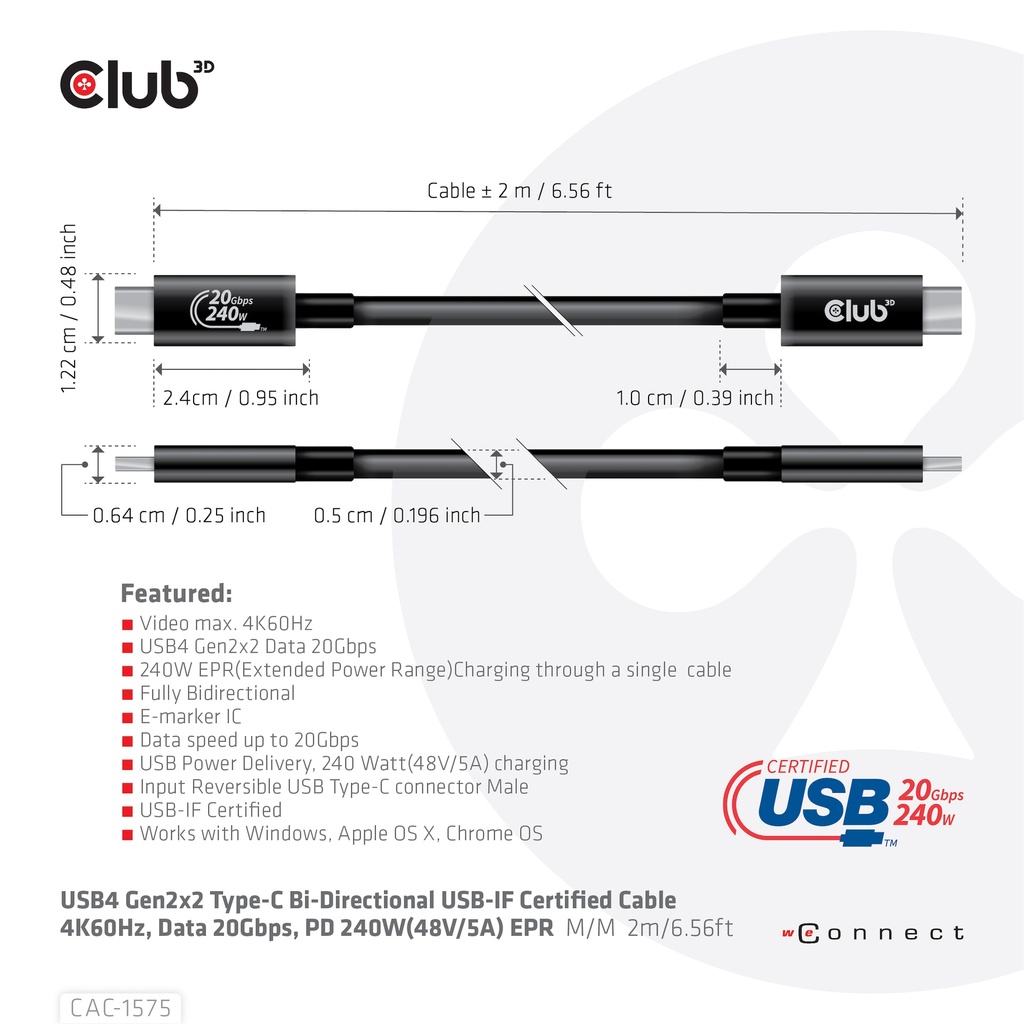 USB-C® 20Gbps USB-IF Certified Cable 4K60Hz, PD 240W(48V/5A) EPR M/M 2m/6.56ft