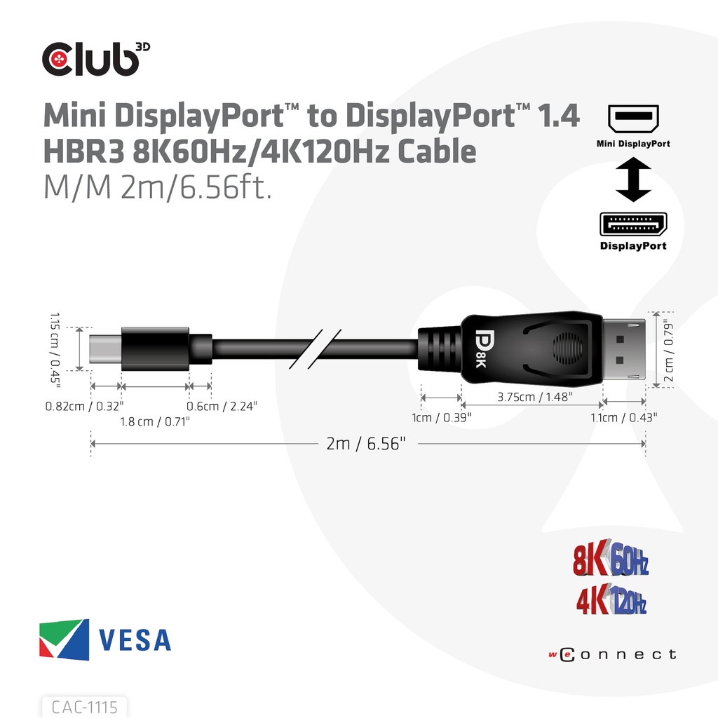Mini DisplayPort™ to DisplayPort™ 1.4 HBR3 Cable M/M 2m/6.56ft.