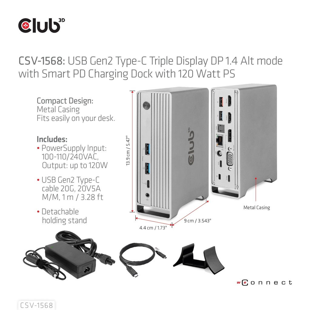 USB-C®10Gbps  Triple Display DP 1.4 Alt mode Smart PD Charging Dock with 120 Watt PSU
