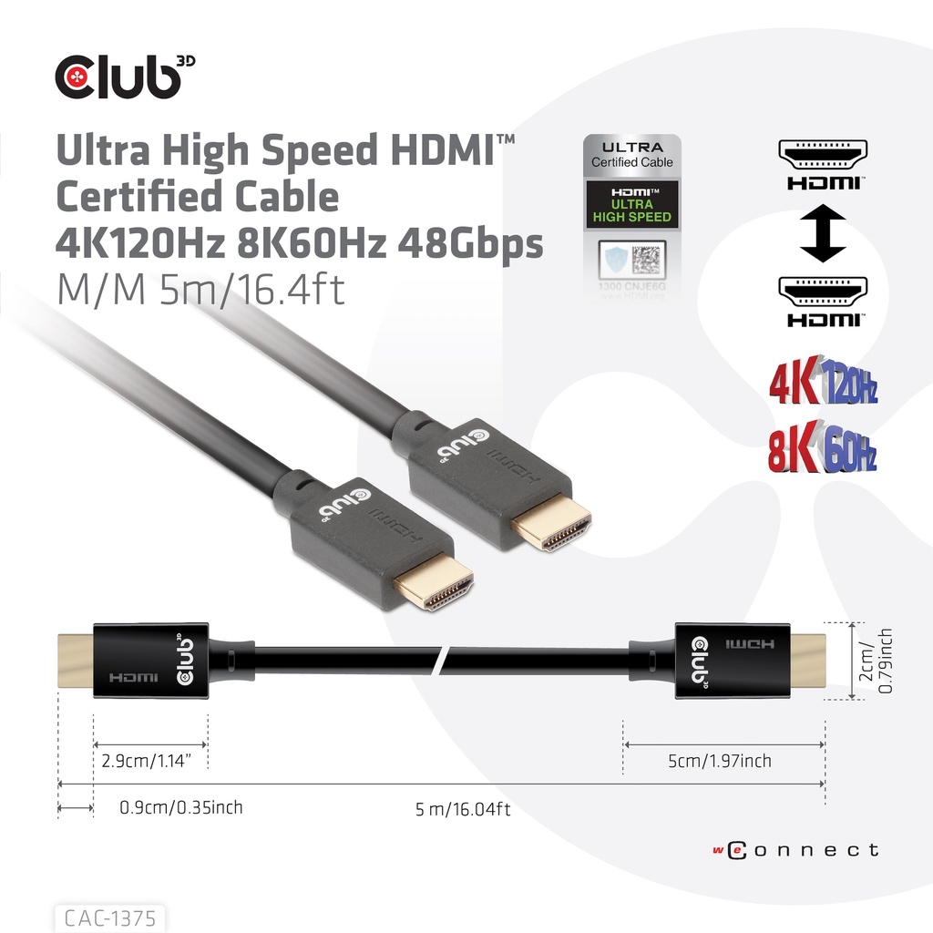 Ultra High Speed HDMI™ Certified Cable 4K120Hz 8K60Hz 48Gbps M/M 5m/16.4ft