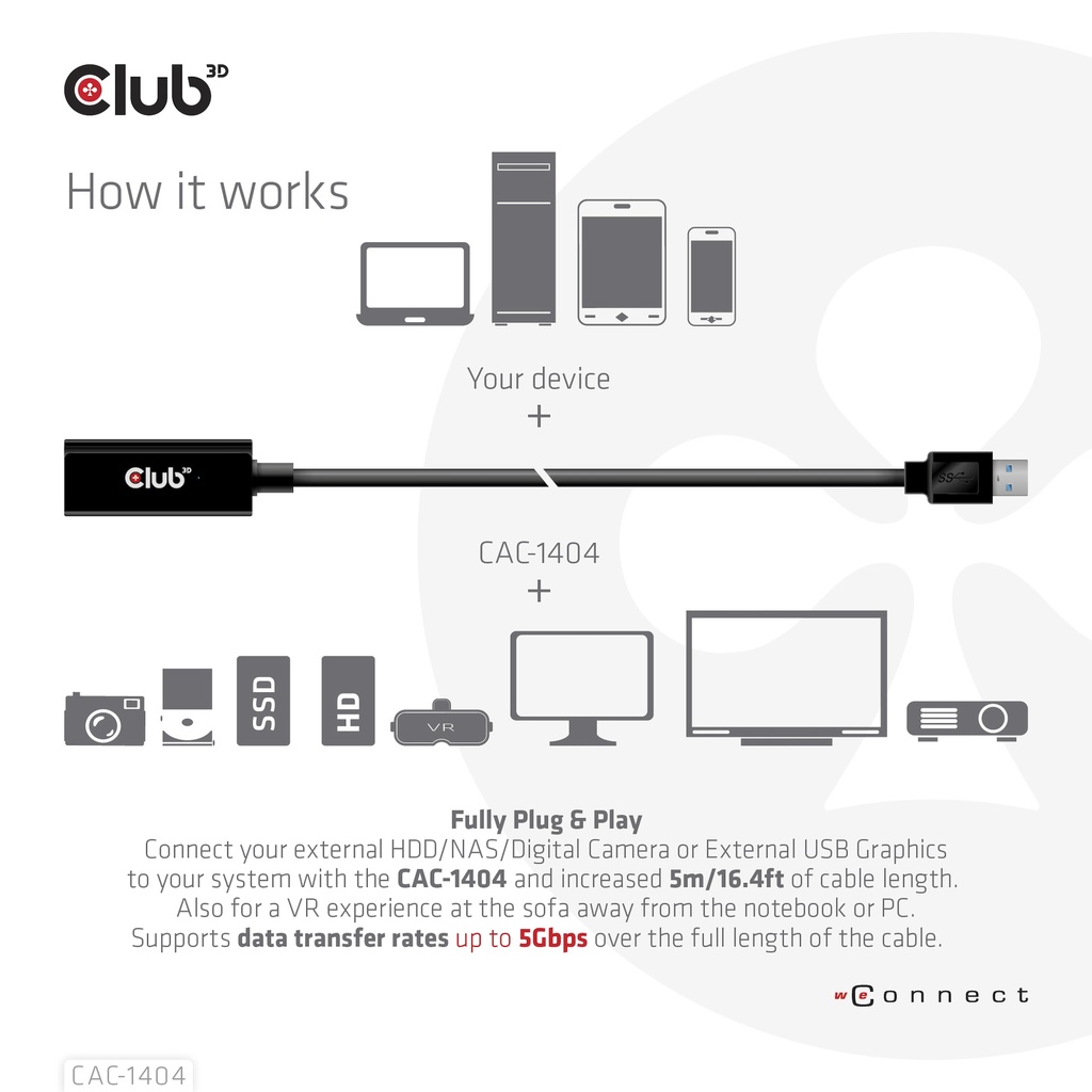 USB-A 5Gbps Active Repeater Cable 5m/ 16.4 ft M/F 28AWG