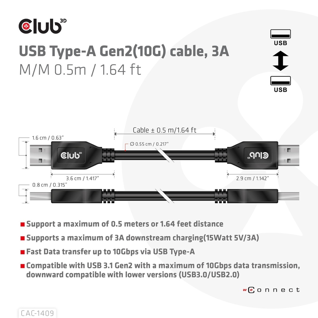 USB-A 10Gbps Cable, 3A M/M 0.5m / 1.64 ft