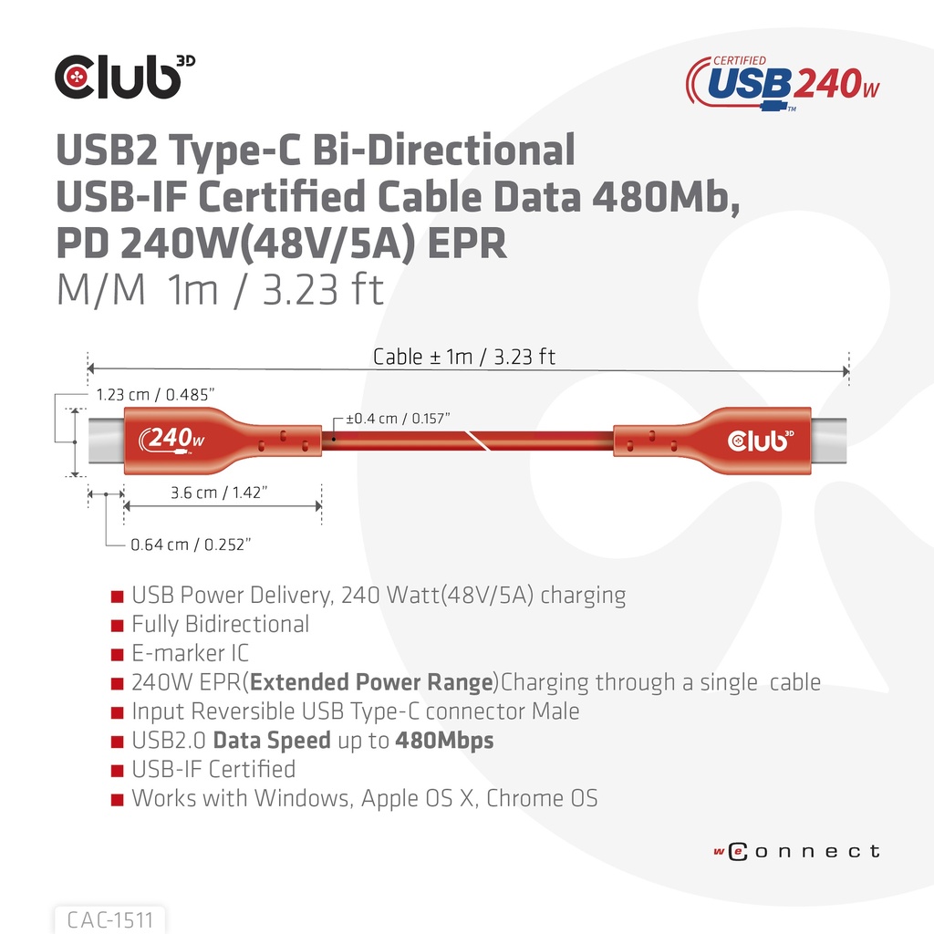 USB-C® to USB-C® USB-IF Certified Cable, Data 480Mb, PD 240W(48V/5A) EPR M/M 1m/3.23ft