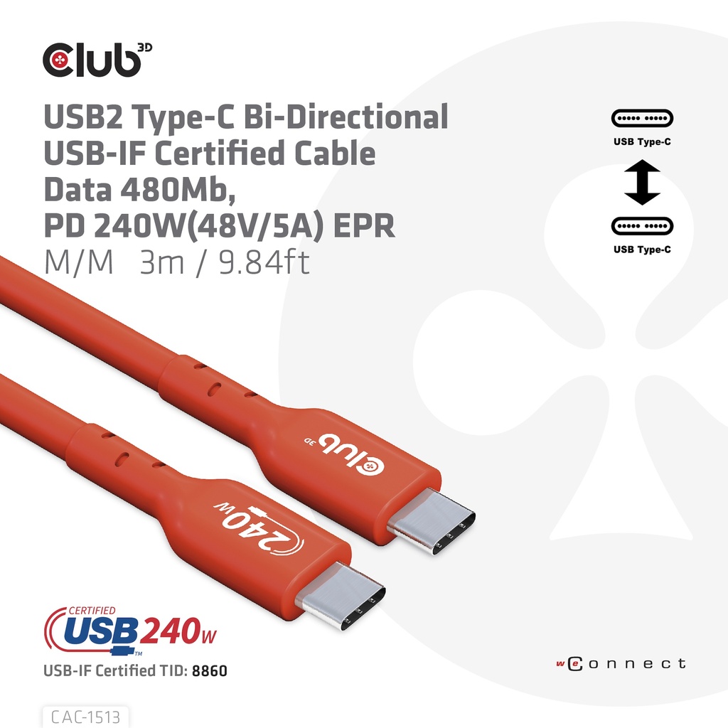 USB-C®  USB-IF Certified Cable, Data 480Mb, PD 240W(48V/5A) EPR M/M 3m/9.84ft