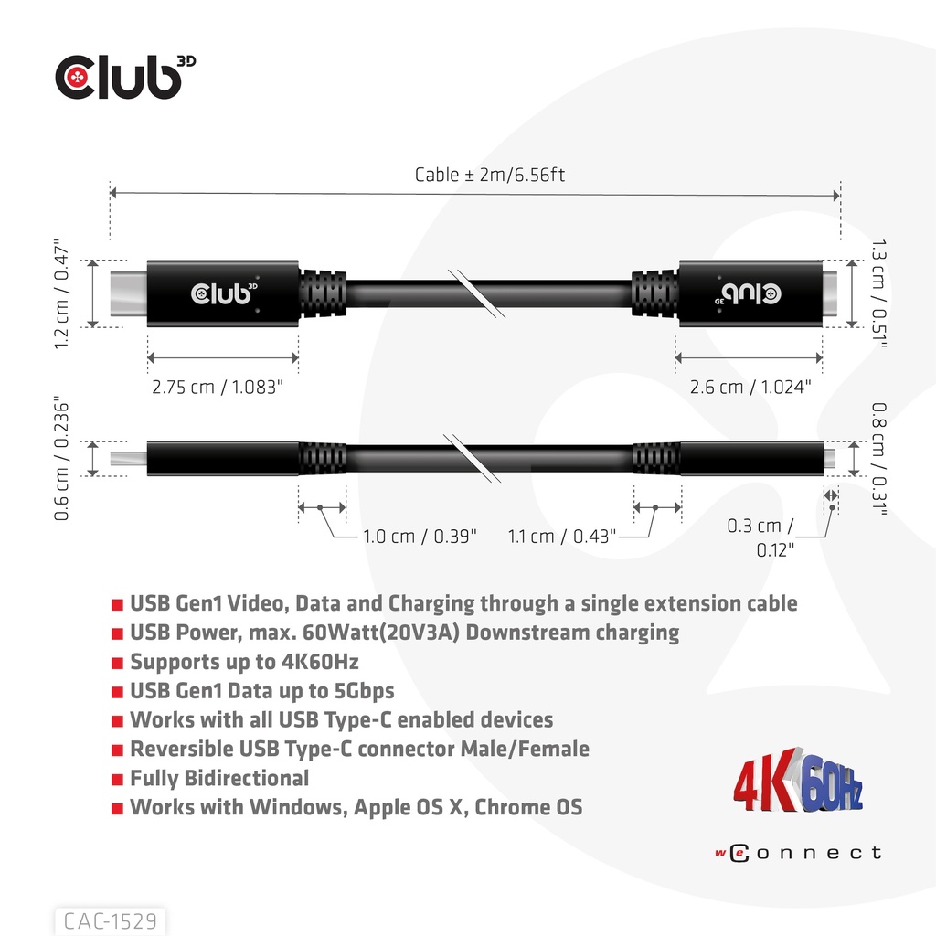 USB-C® Extension Cable 5Gbps 60W(20V/3A) 4K60Hz M/F 2m/6.56ft 