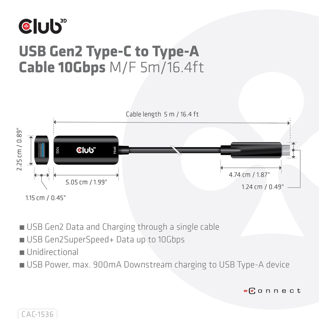 USB-C® 10Gbps to -A Cable M/F 5m/16.4ft