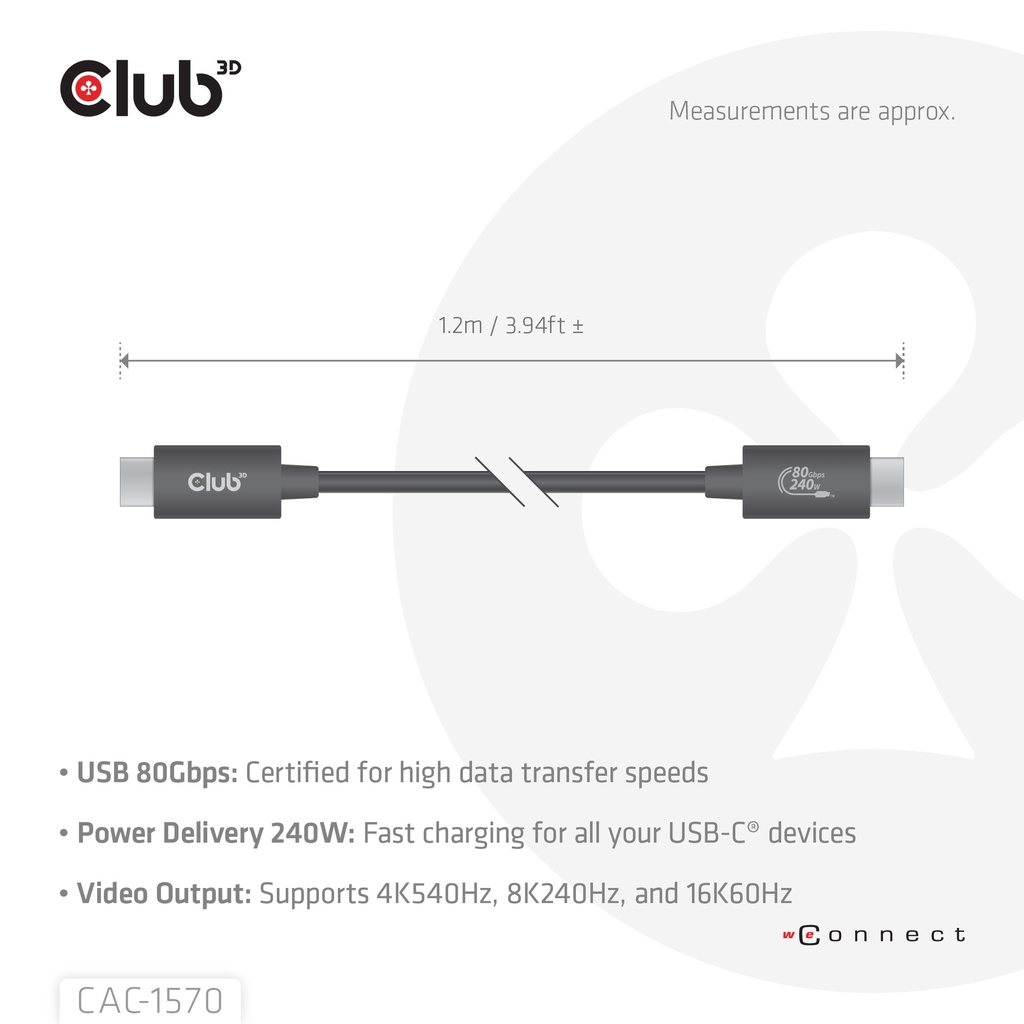 USB-C® 80Gbps Certified 240W 8K240Hz  1.2m / 3.94ft Black Cable