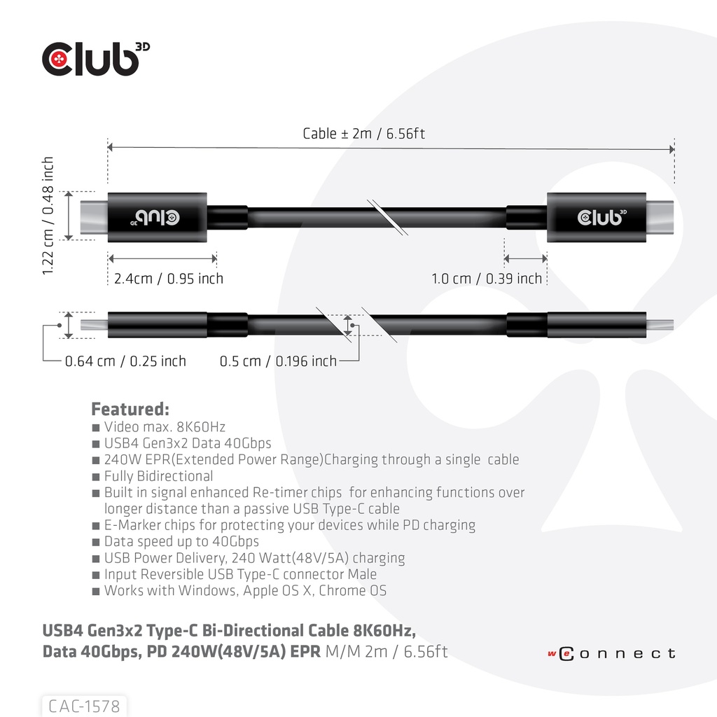 USB-C® 40Gbps USB-IF Certified Cable 8K60Hz, PD 240W(48V/5A) EPR M/M 2m / 6.56ft