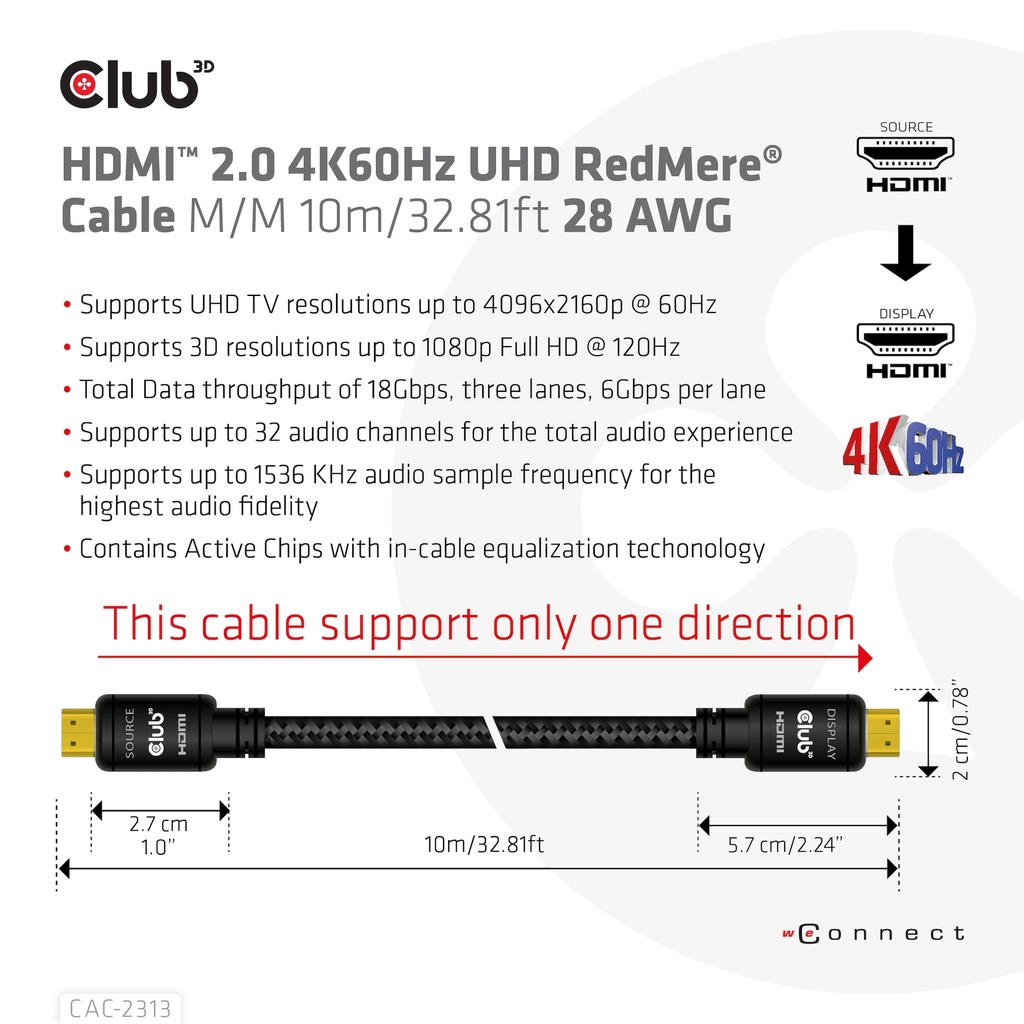 HDMI™ 2.0 4K60Hz UHD RedMere Cable M/M 10m/32.81ft 28 AWG