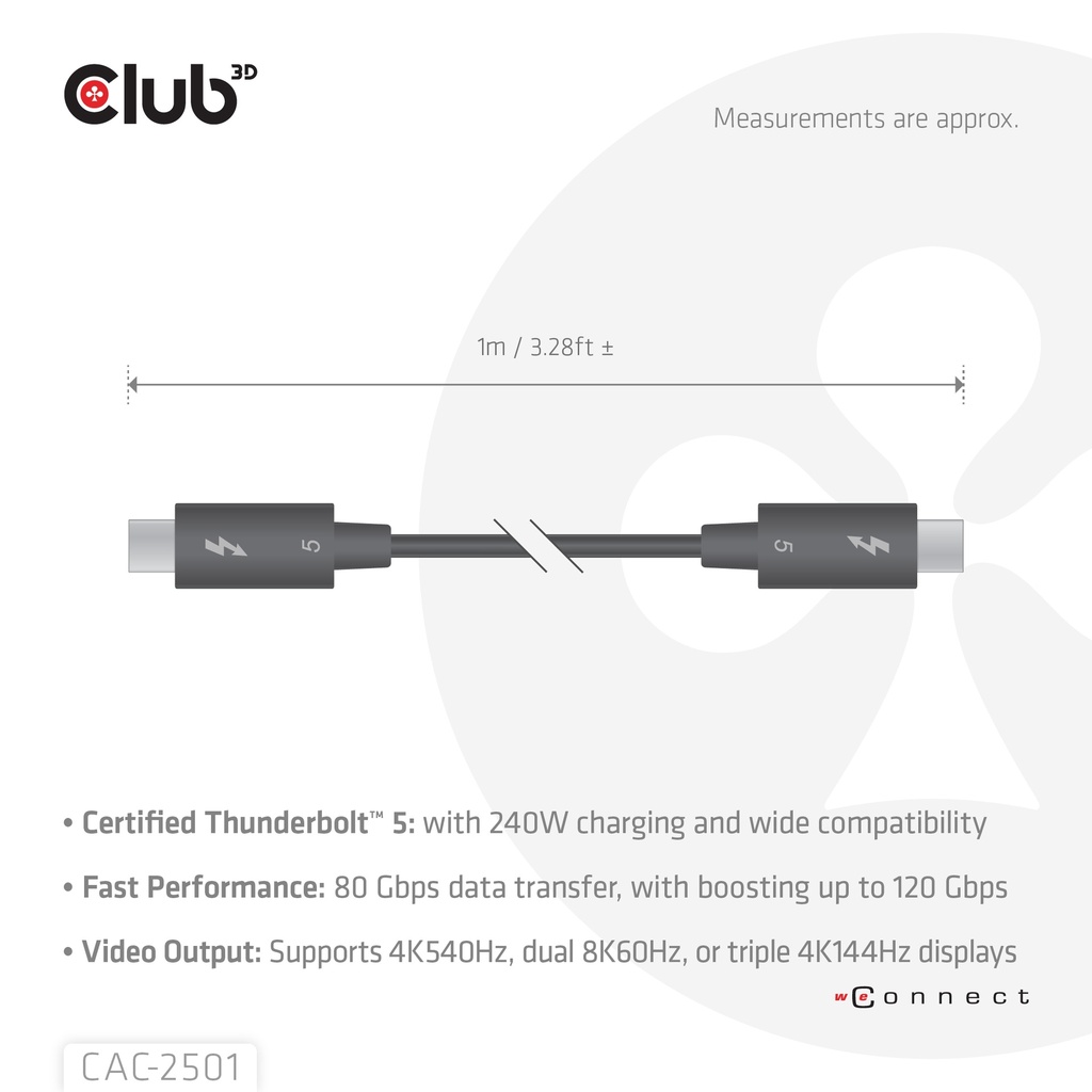 Thunderbolt™ 5 Certified 8K240Hz Data 80/120 Gbps EPR 240 Watt Cable M/M 1m / 3.28ft