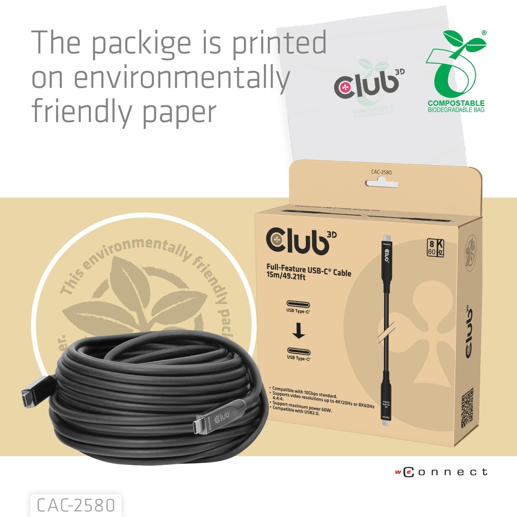 CAC-2580 Full-Feature USB-C® Cable 15m / 49.21ft 8K60Hz 10Gbps 60W