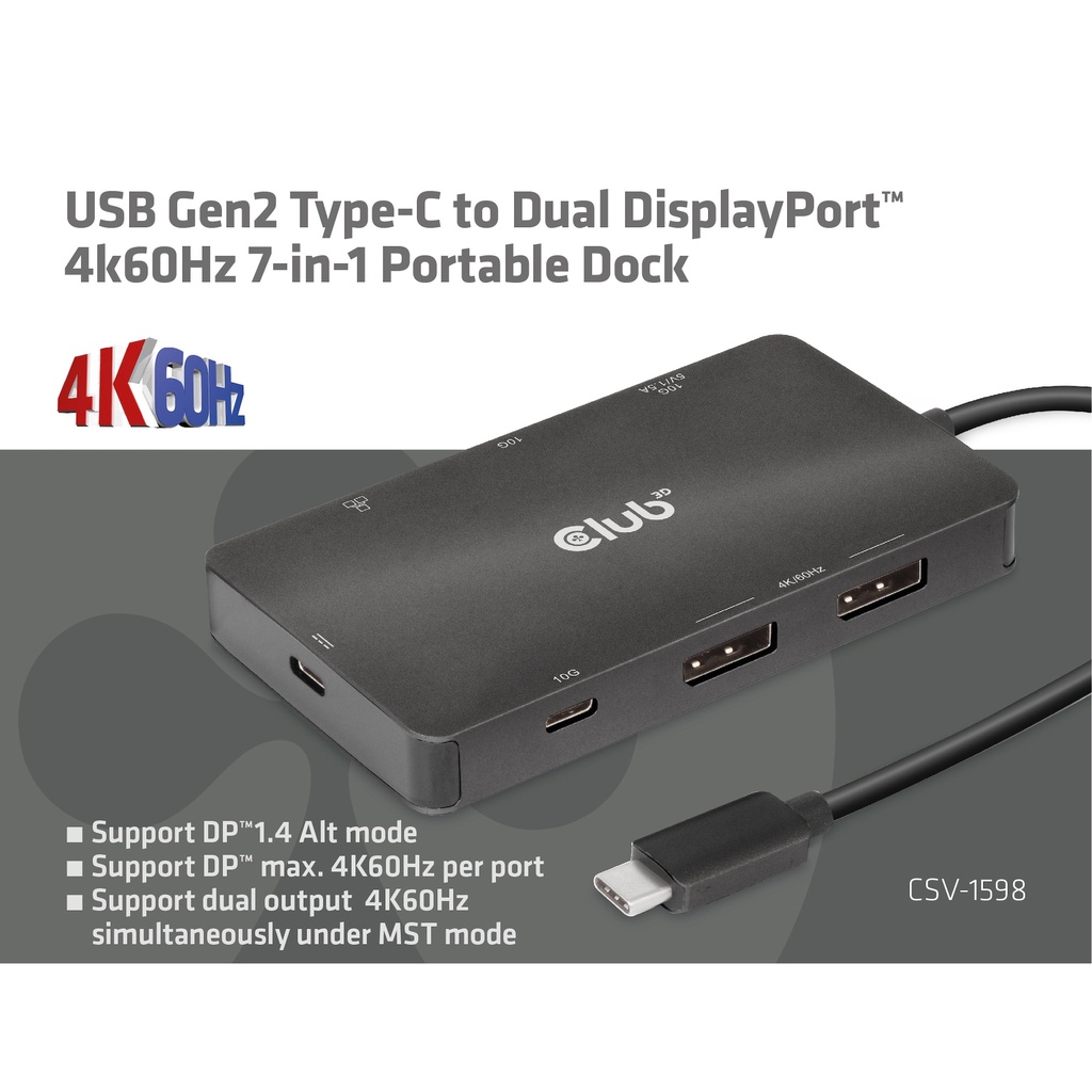USB-C®10Gbps  to Dual DisplayPort™ 4K60Hz 7-in-1 Portable Dock