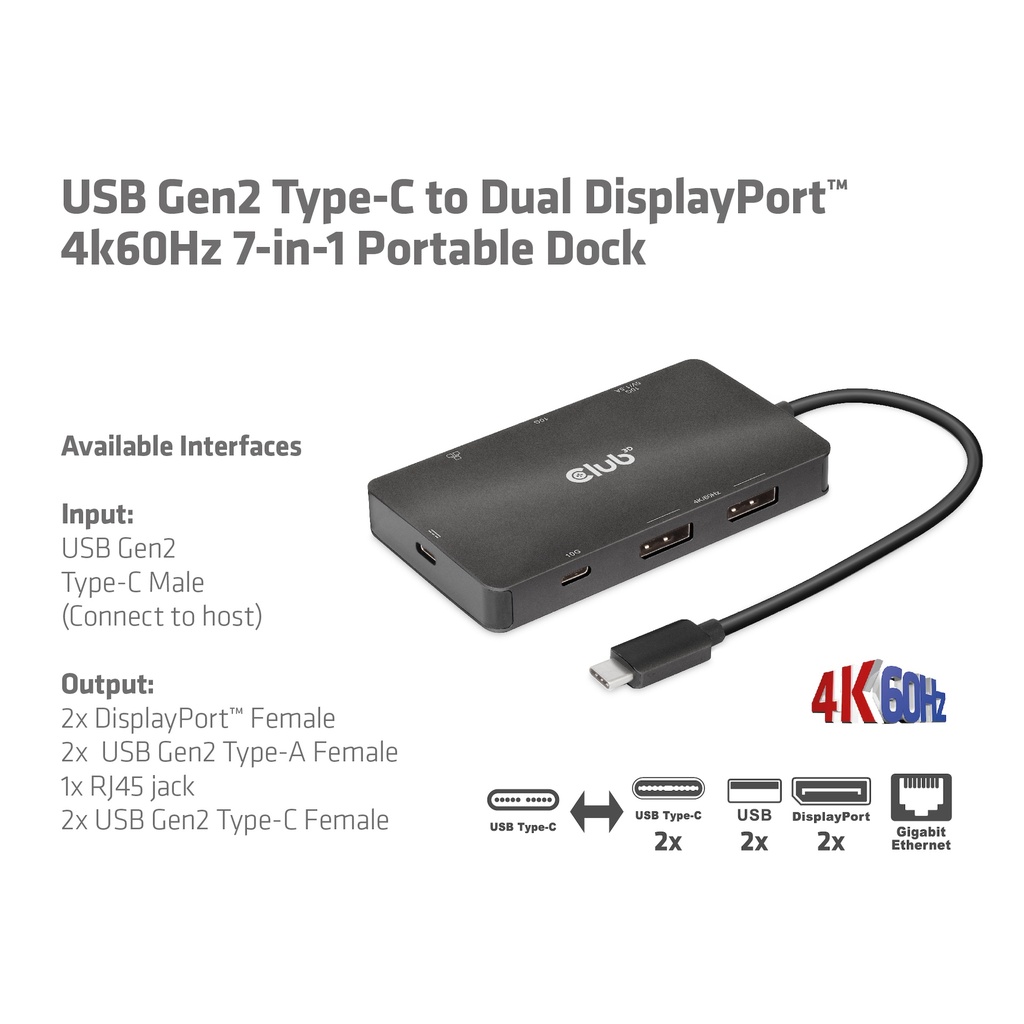 USB-C®10Gbps  to Dual DisplayPort™ 4K60Hz 7-in-1 Portable Dock