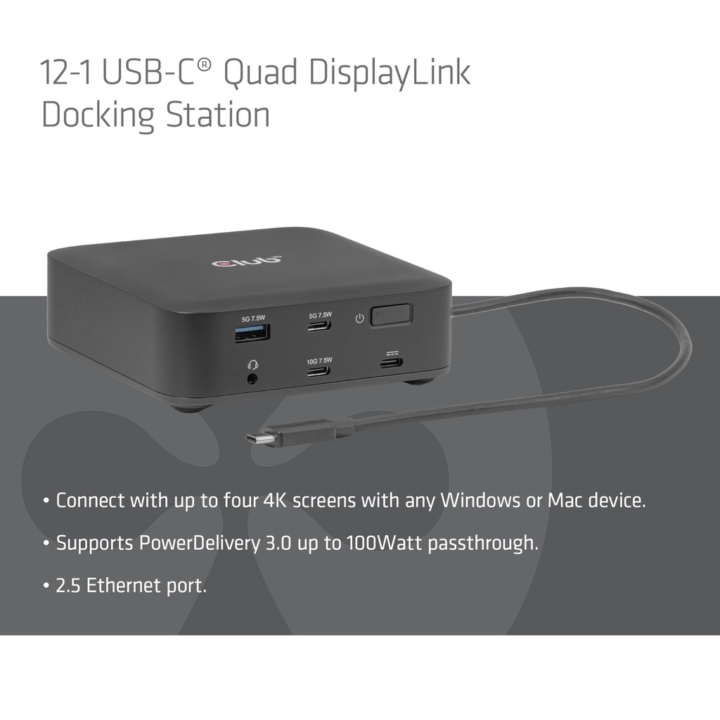 12-1 USB-C® Quad DisplayLink Docking Station 2x DisplayPort™ 8K60Hz + 2x HDMI™ 4K60Hz PD3.0 100Watt Ethernet 2.5G