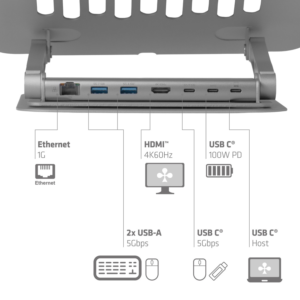 CSV-2554 Adjustable Aluminium Laptop Stand with USB-C® Hub 4K60Hz 100W 360°
