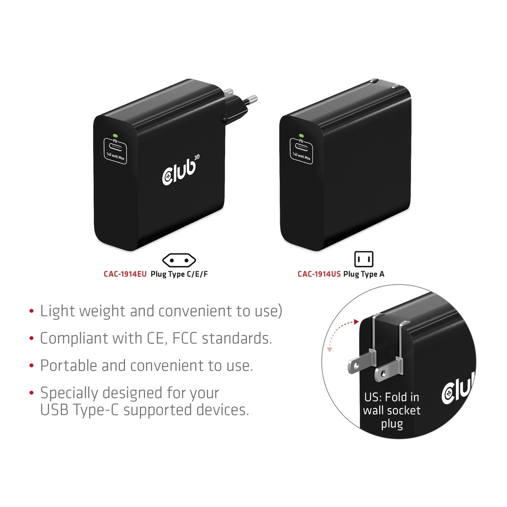 Travel Charger 140 Watt GaN technology, Single port USB -C®, Power Delivery(PD) 5Gbps Support EU