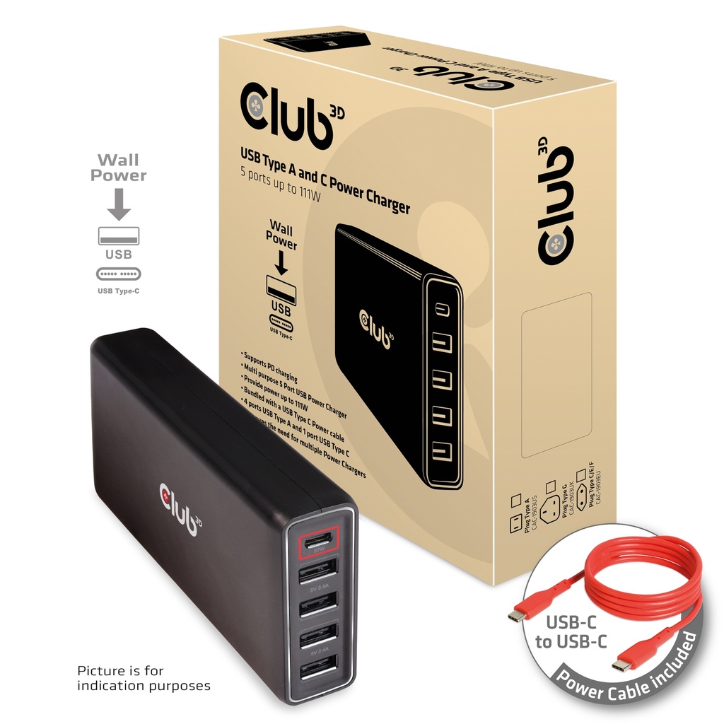USB  A and C Power Charger, 5 ports up to 111W