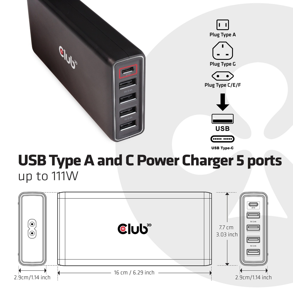 USB  A and C Power Charger, 5 ports up to 111W