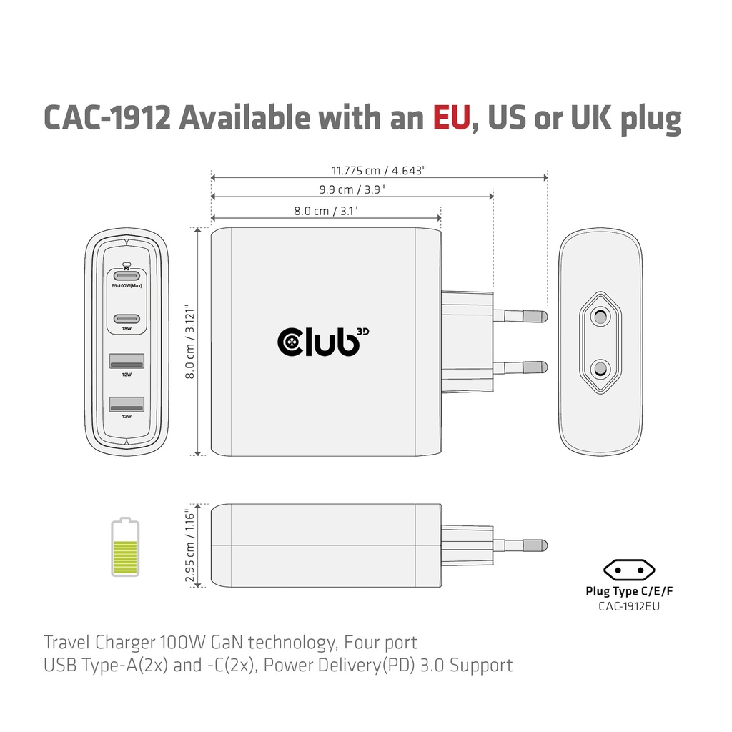 Travel Charger 100W GaN technology, Four port USB -A(2x) and -C®(2x), Power Delivery(PD) 3.0 Support