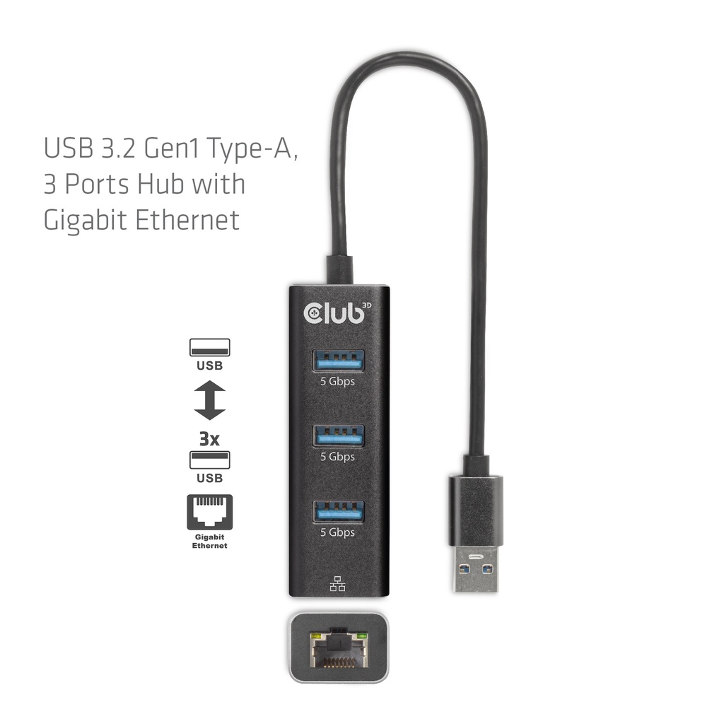 USB-A 5Gbps 3 Ports Hub Gigabit Ethernet
