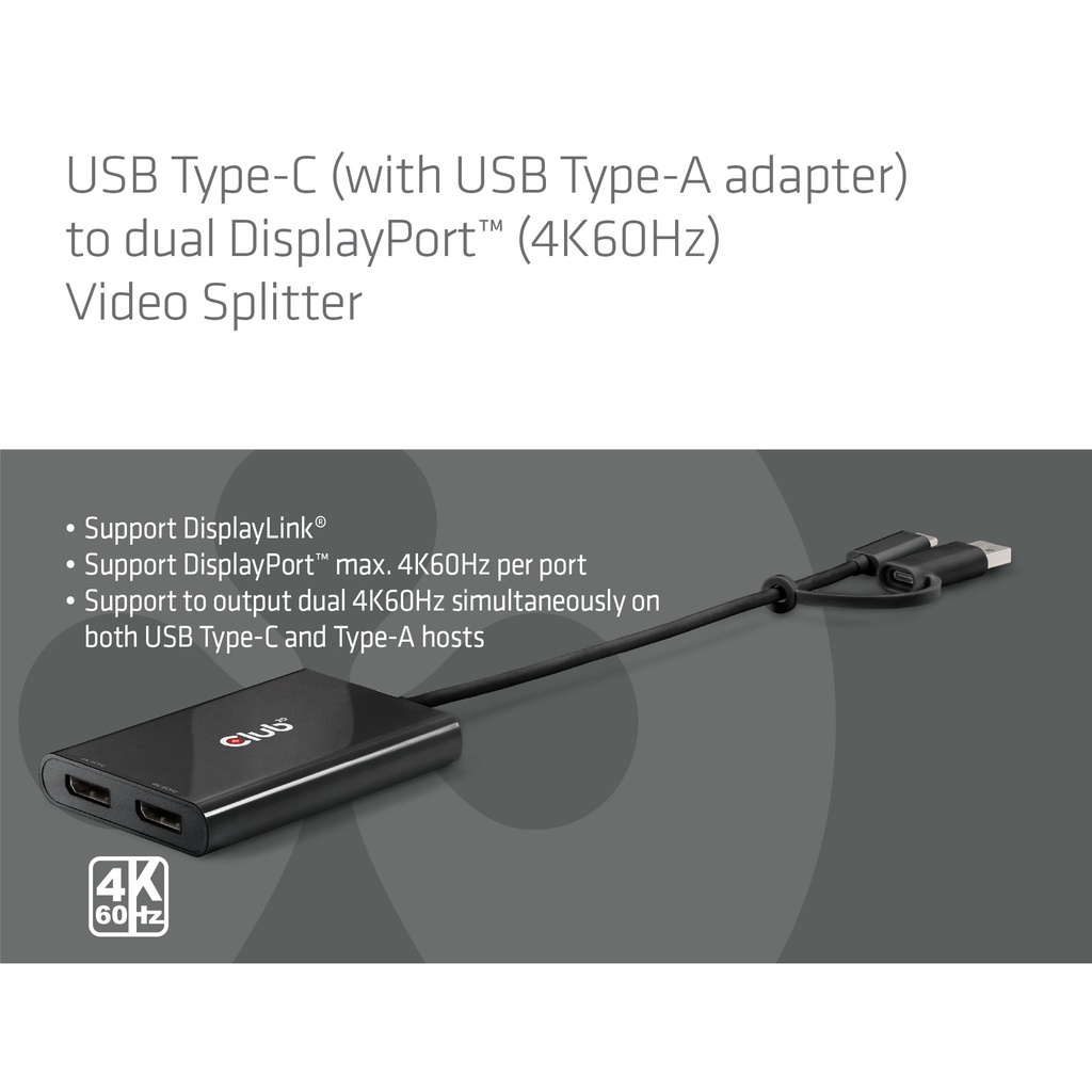 USB-C® (with USB -A adapter) to dual  Displayport™(4K60Hz) Video Splitter