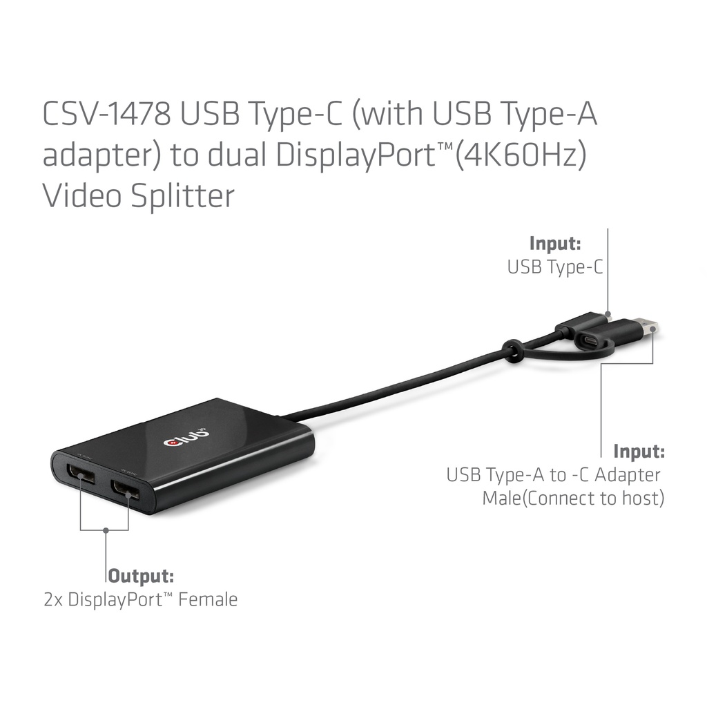 USB-C® (with USB -A adapter) to dual  Displayport™(4K60Hz) Video Splitter