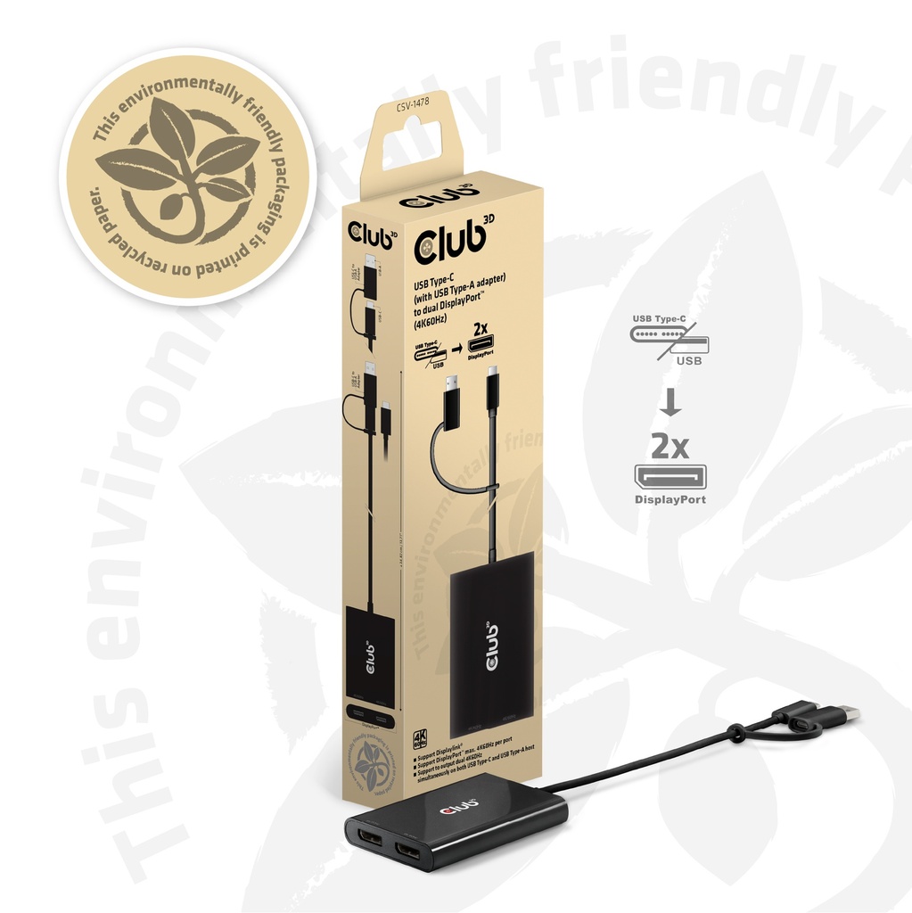 USB-C® (with USB -A adapter) to dual  Displayport™(4K60Hz) Video Splitter