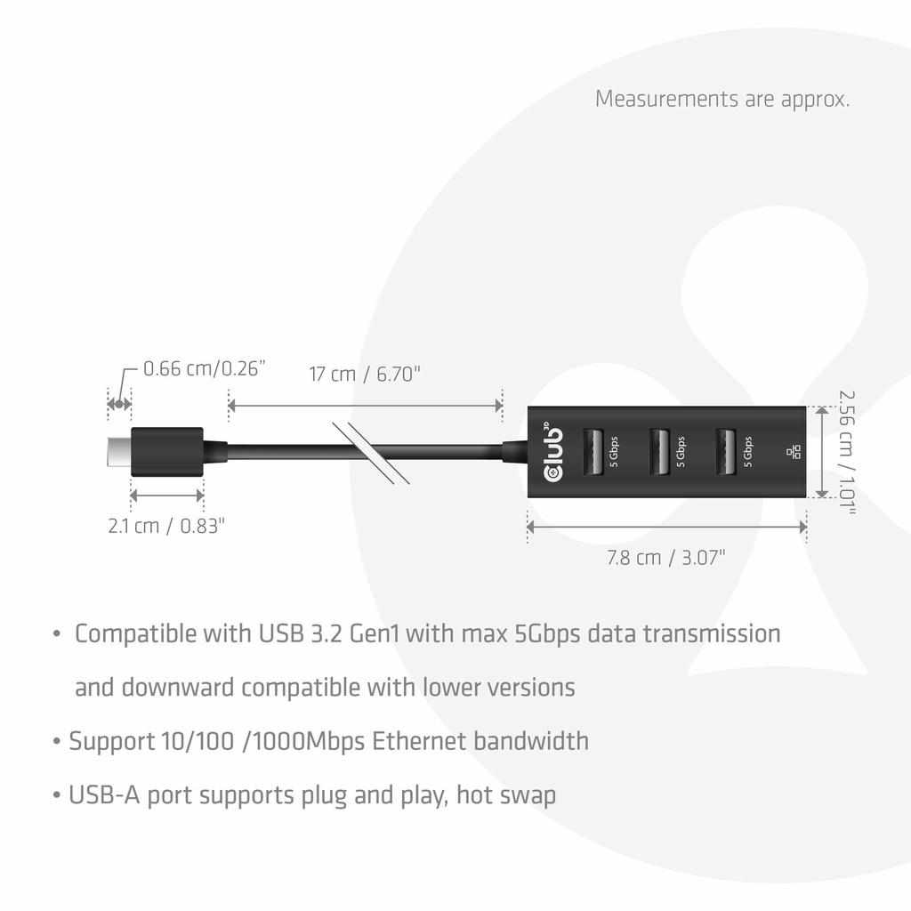 USB-C® 5Gbps to 3 Ports USB Type-A Hub with Gigabit Ethernet