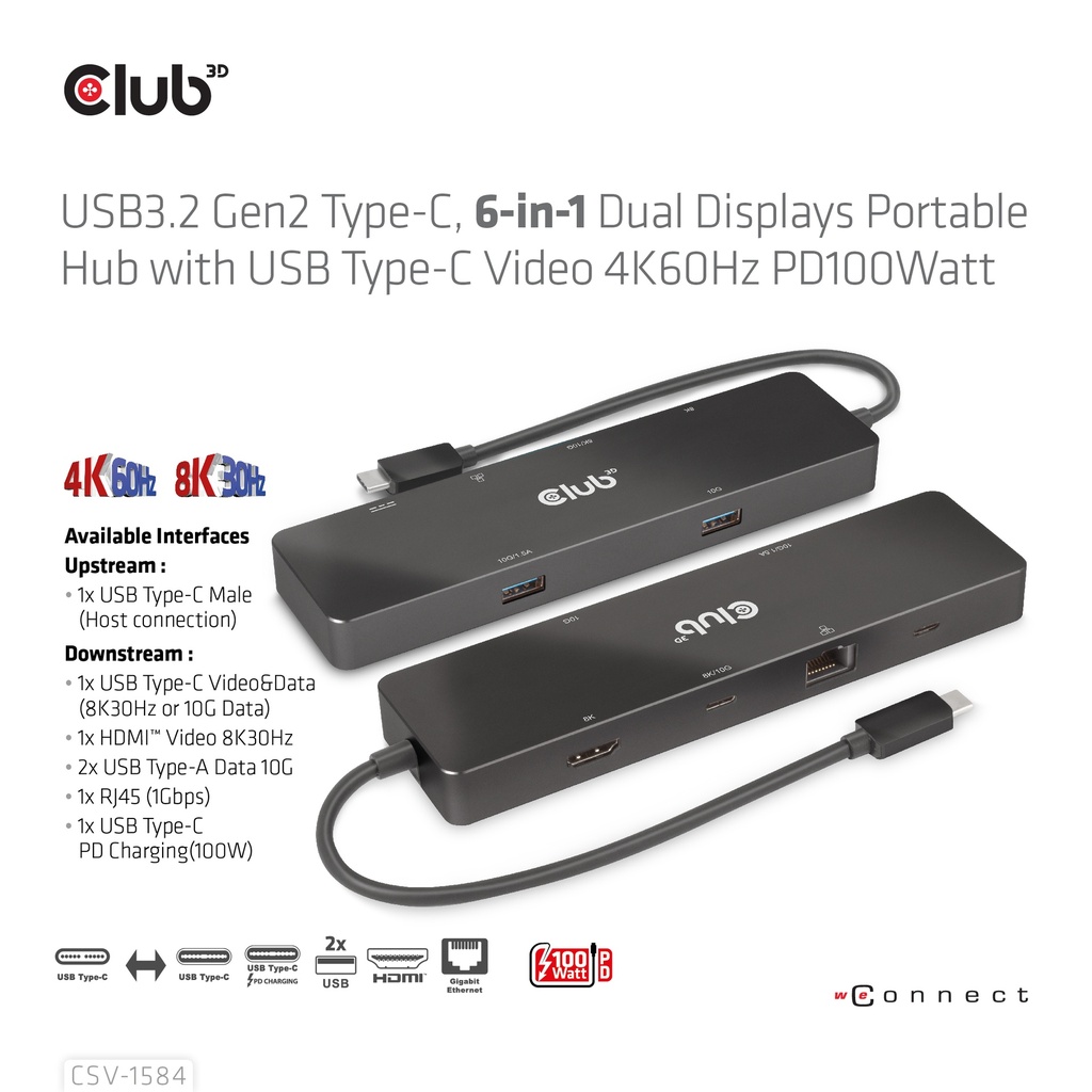 USB-C®, 6-in-1 Dual Displays Portable Dock with USB-C®Video 4K60Hz