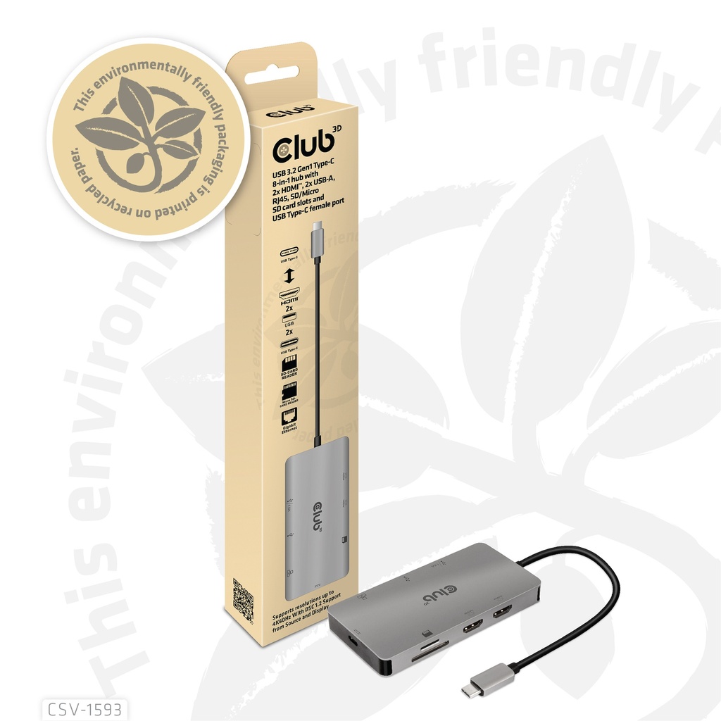 USB-C®5Gbps 8-in-1 hub with 2x HDMI™, 2x USB-A, RJ45, SD/Micro SD card slots and USB-C®female port