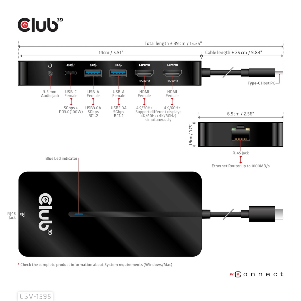 USB-C®5Gbps 7-in-1 hub with 2x HDMI™, 2x USB-A 5Gbps, 1x RJ45, 1x 3.5mm Audio, 1x USB-C® 5Gbps 100W Female port