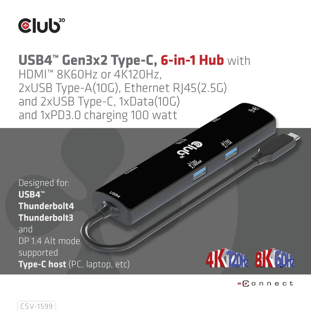 USB-C®10Gbps, 6-in-1 Hub with HDMI™ 8K60Hz or 4K120Hz, 2xUSB Type-A(10G), Ethernet RJ45(2.5G) and 2xUSB-C®, 1x Data(10G) and 1xPD3.0 charging 100 watt