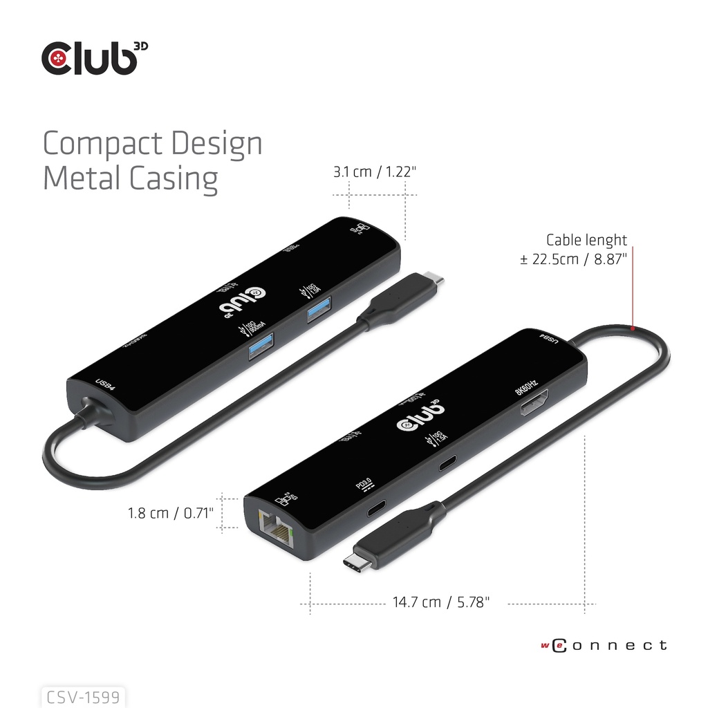 USB-C®10Gbps, 6-in-1 Hub with HDMI™ 8K60Hz or 4K120Hz, 2xUSB Type-A(10G), Ethernet RJ45(2.5G) and 2xUSB-C®, 1x Data(10G) and 1xPD3.0 charging 100 watt