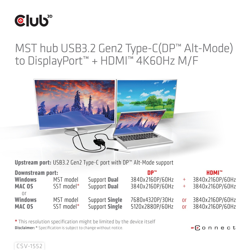 MST hub USB-C®(DP Alt-Mode) to DisplayPort™ + HDMI™ 4K60Hz M/F 