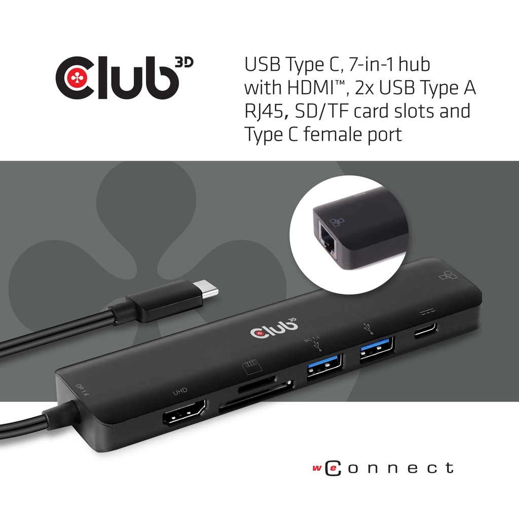 USB-C® 5Gbps  7in1 Hub HDMI™ 4K60Hz SD TF Card slot 2x USB Type A USB Type C PD RJ45