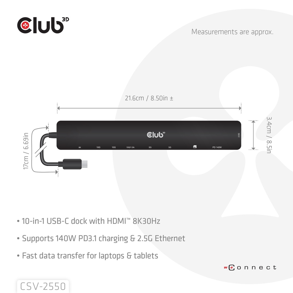 10-1 Portable Dock USB-C® 10Gbps to HDMI™ 8K30Hz PD3.1 Max.140Watt