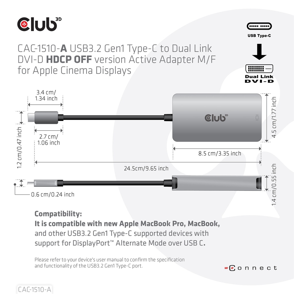 USB-C® to Dual Link DVI-D HDCP OFF version Active Adapter M/F for Apple Cinema Displays