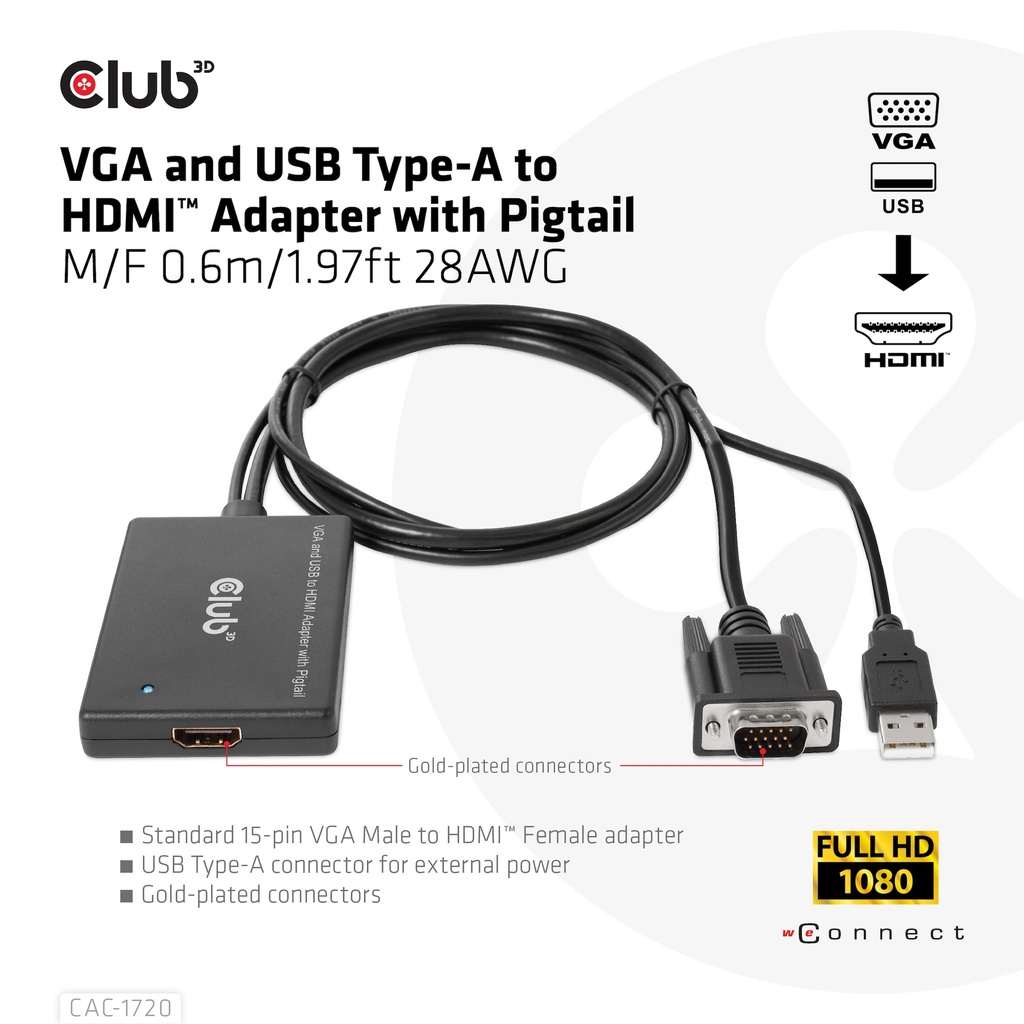 VGA and USB-A to HDMI™ Adapter with Pigtail M/F 0.6m/1.97ft 28AWG