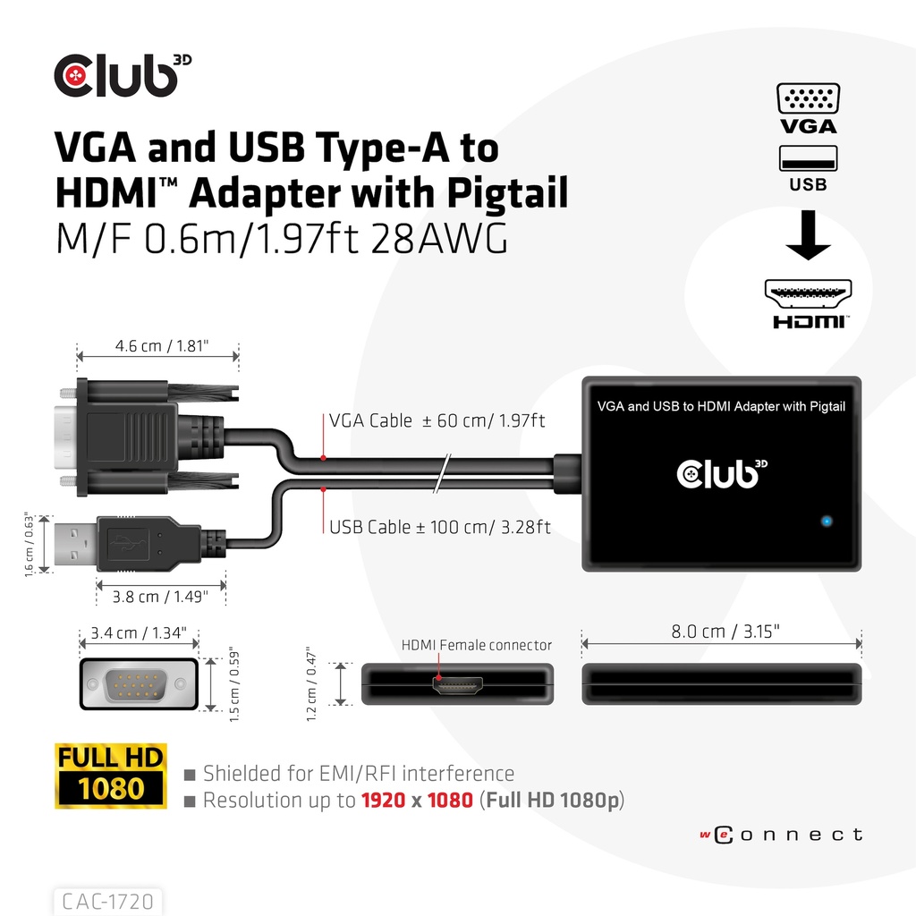 VGA and USB-A to HDMI™ Adapter with Pigtail M/F 0.6m/1.97ft 28AWG