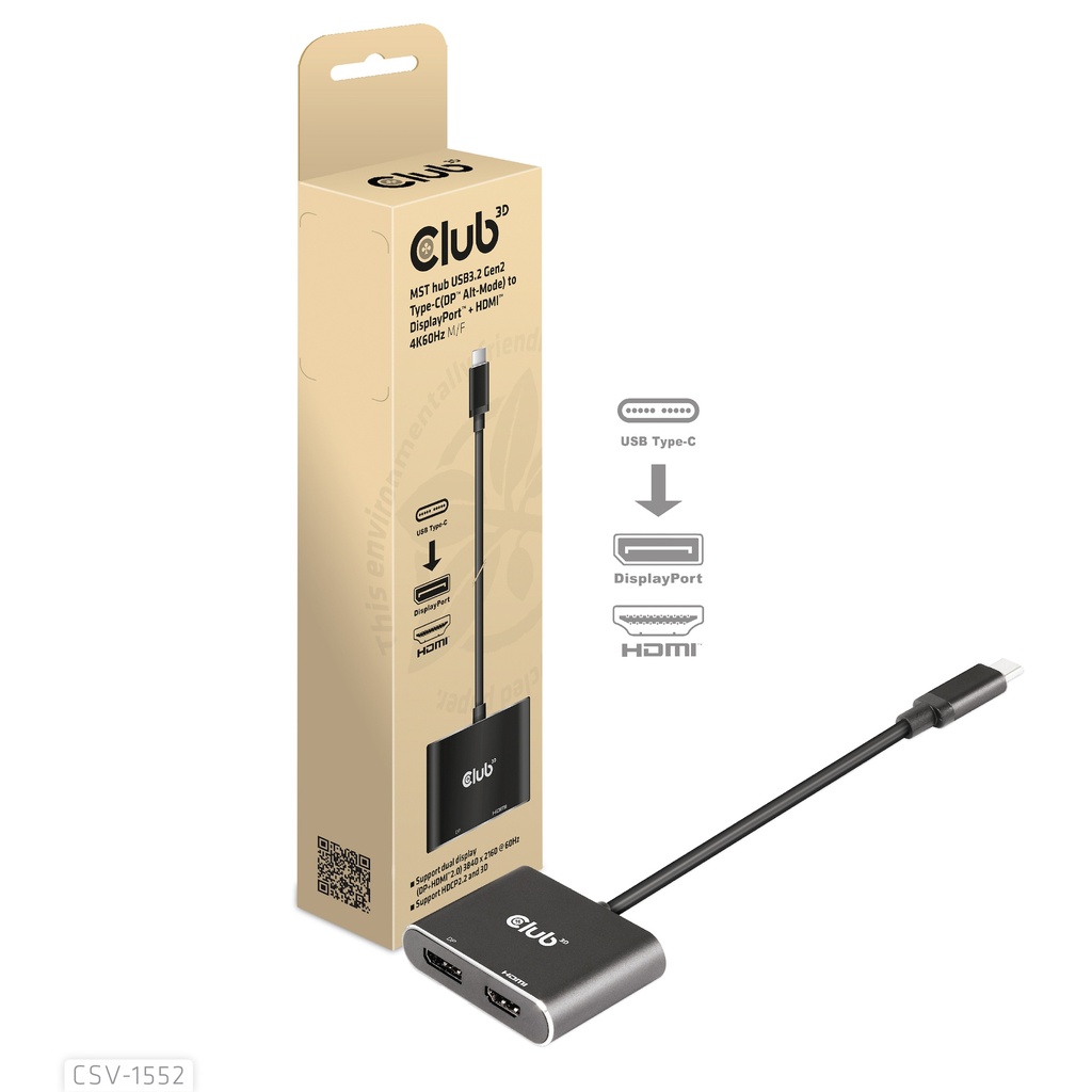 CSV-1552 USB‑C® (DP Alt‑Mode) to DisplayPort™ + HDMI™ 4K60Hz MST Hub