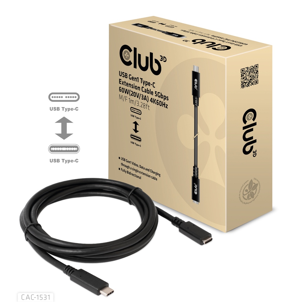 CAC-1531 USB‑C® Extension Cable 5Gbps 60W 4K60Hz M/F 1m/3.28ft