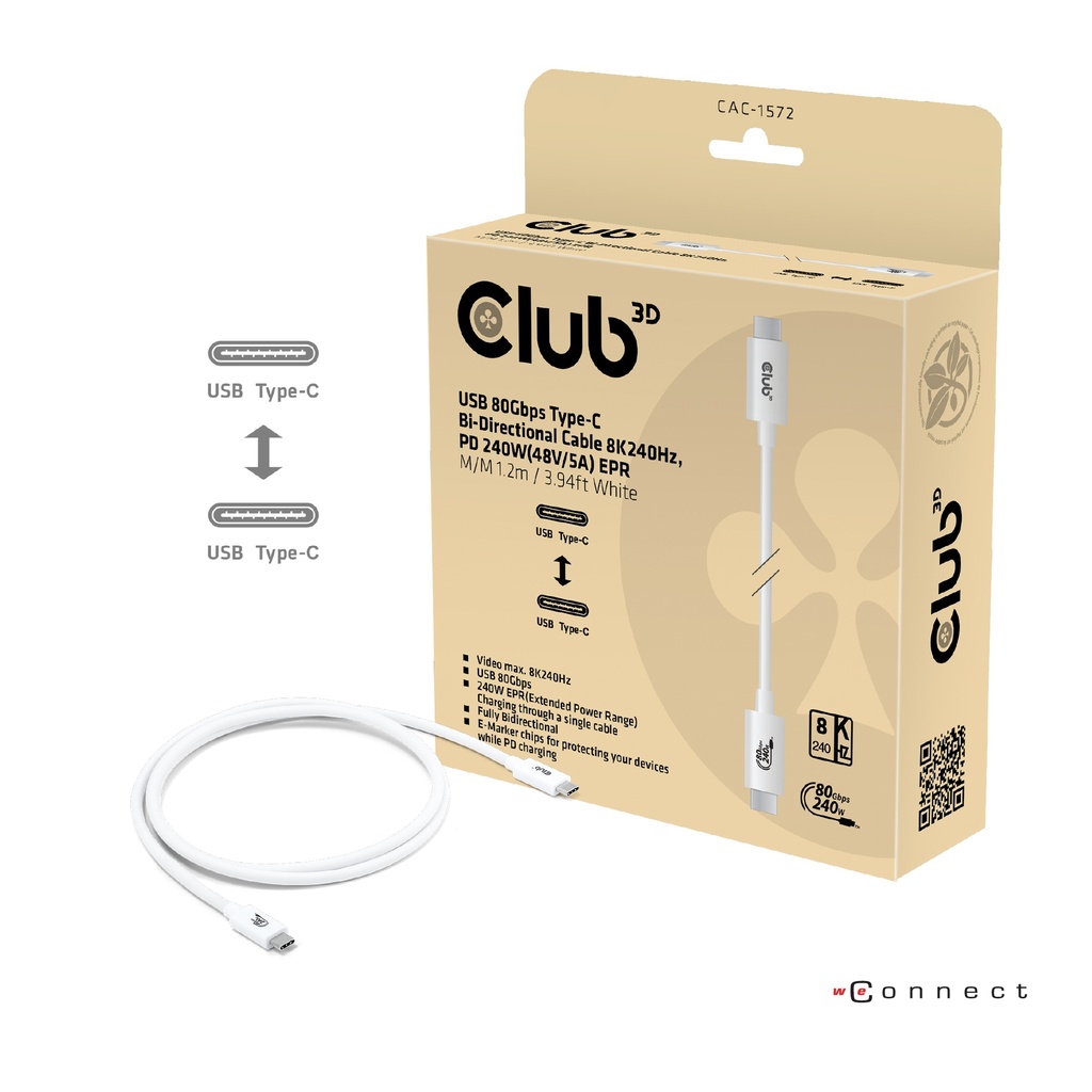 CAC-1572 USB-C® 80Gbps Certified 240W 8K240Hz 1.2m White Cable