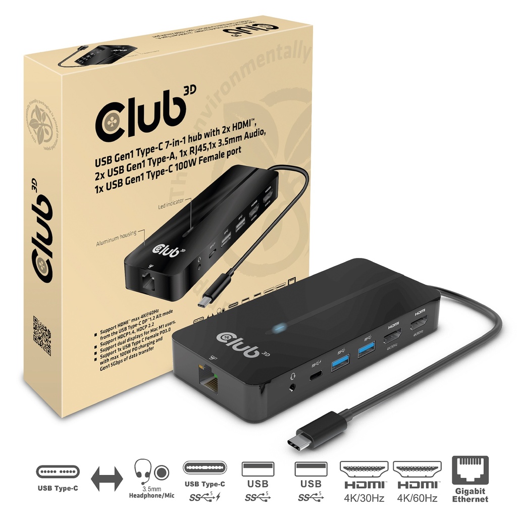CSV-1595 USB‑C® 5Gbps 7‑in‑1 Hub Dual HDMI™ USB‑A×2 RJ45 Audio USB‑C 100W